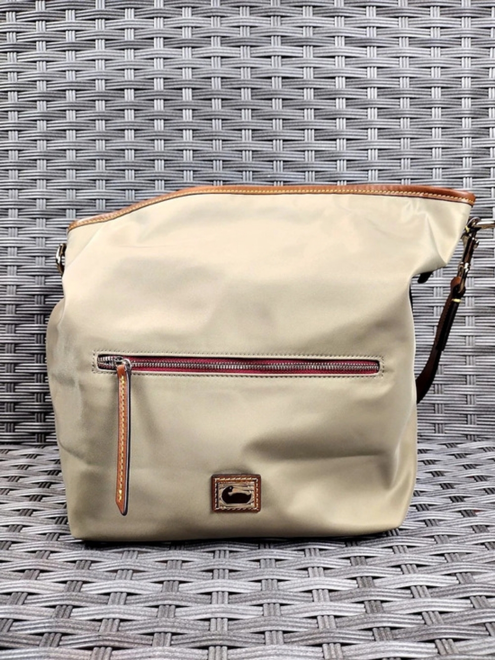 Dooney & Bourke Nylon Front Zip Tote Beige & Brown Shoulder Bag